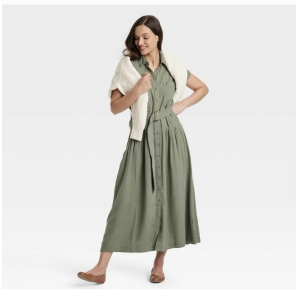 Short Sleeve Belted Maxi Shirt Dress XL Olive Linen/Rayon NWT Universal Thread